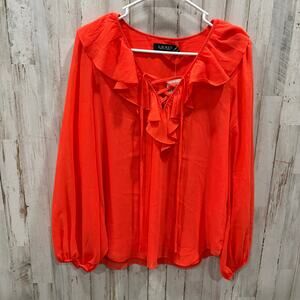 New Ralph Lauren Women's Orange Crinkle Tie Up Neck Georgette Blouse Top Size M
